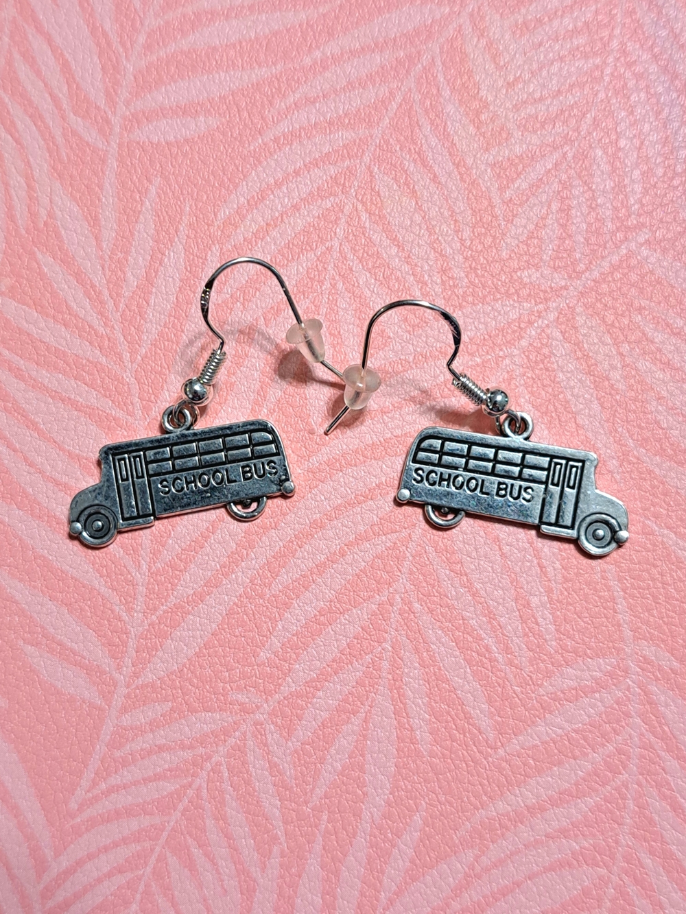 School Bus Charm Dangle Earrings - Silver Tone